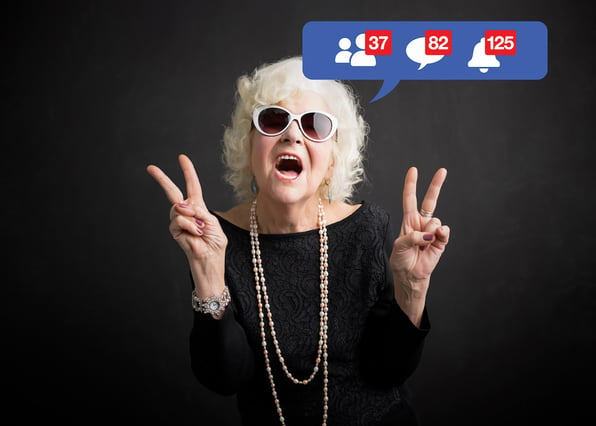 boomer investor shown with images of social media icons in a thought bubble above her head